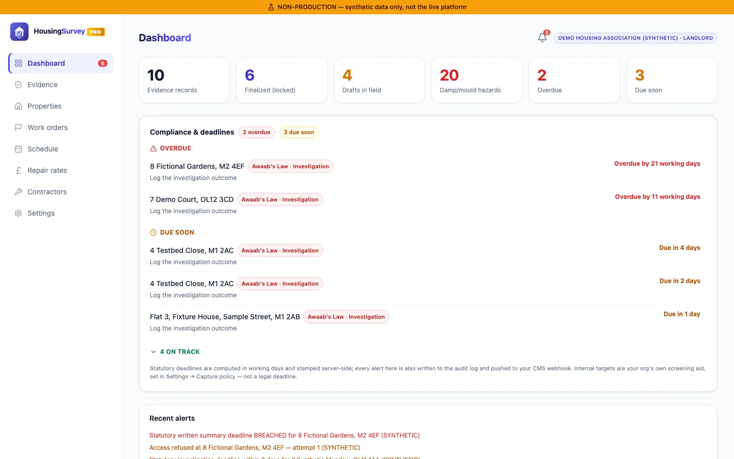 HousingSurvey Pro portal dashboard listing evidence records and overdue and due-soon Awaab's Law investigations