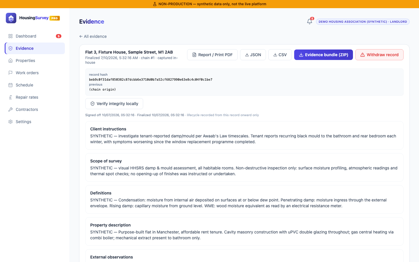 HousingSurvey Pro™ finalized evidence record