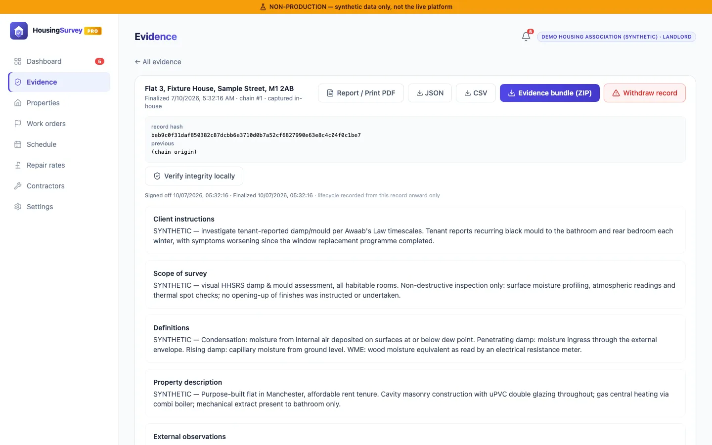 A finalised HousingSurvey Pro evidence record showing its record hash and export options