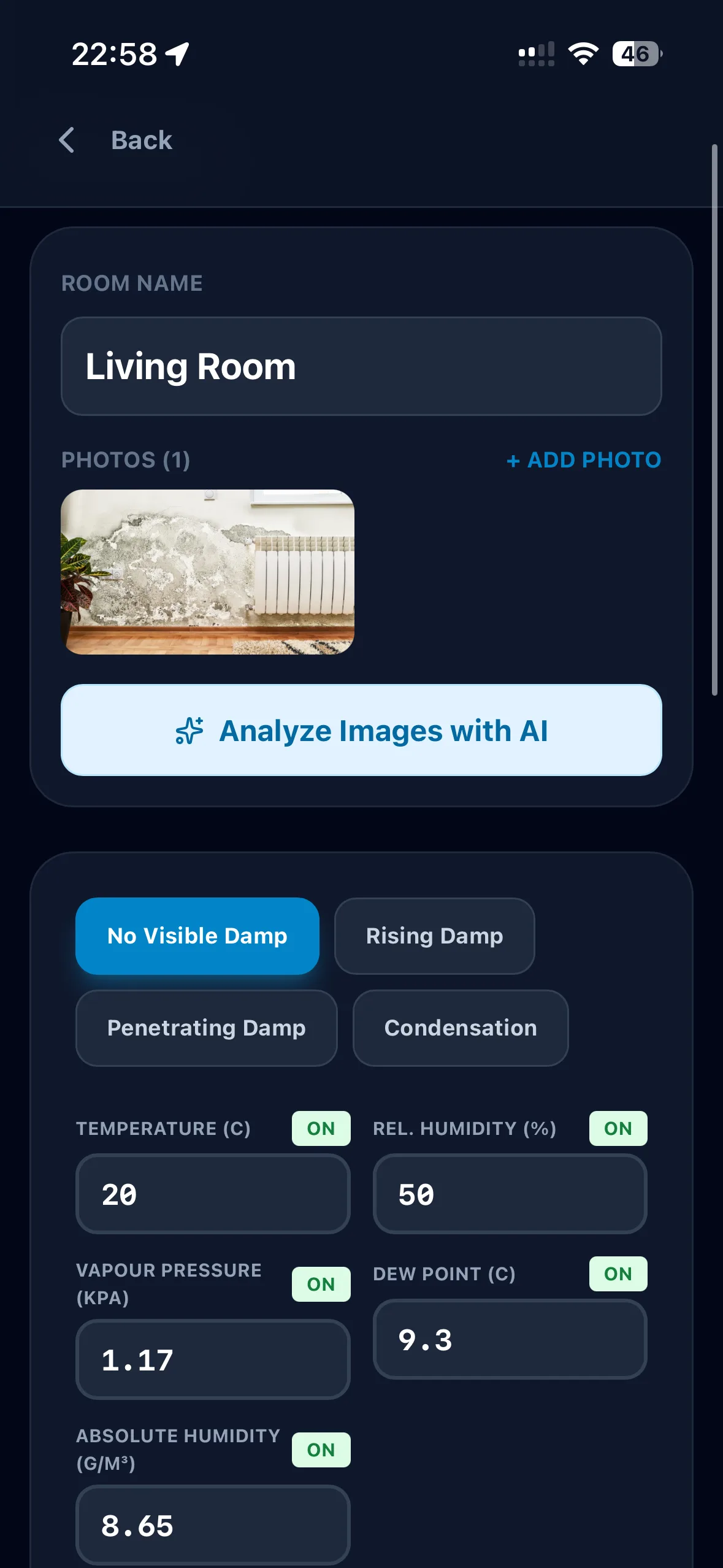 DampApp Pro room entry with a photo, damp type choices and psychrometric readings