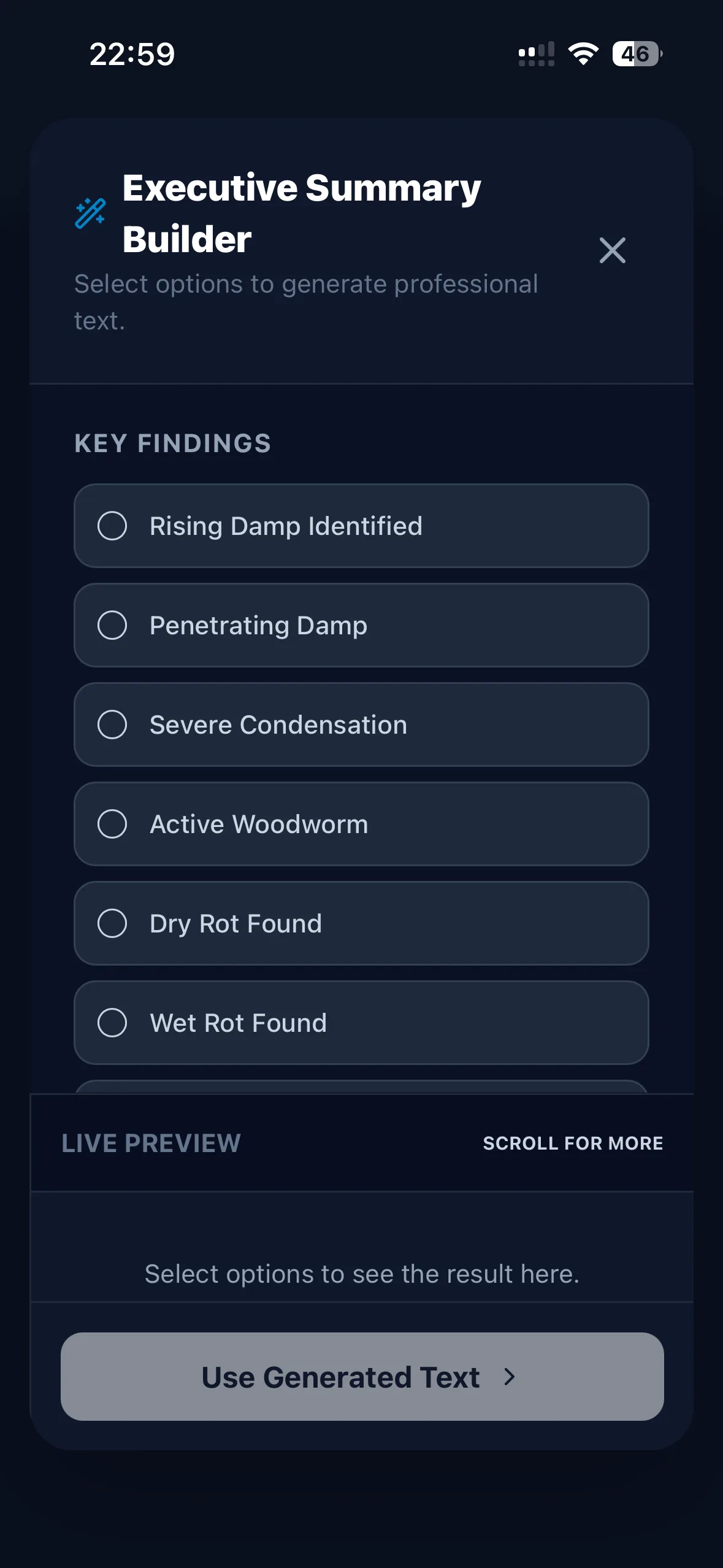 DampApp Pro executive summary builder listing key findings to select