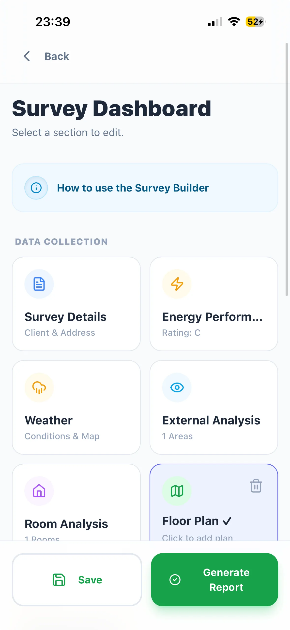 PropertySurvey Pro survey dashboard with sections for survey details, EPC, weather, rooms and floor plan